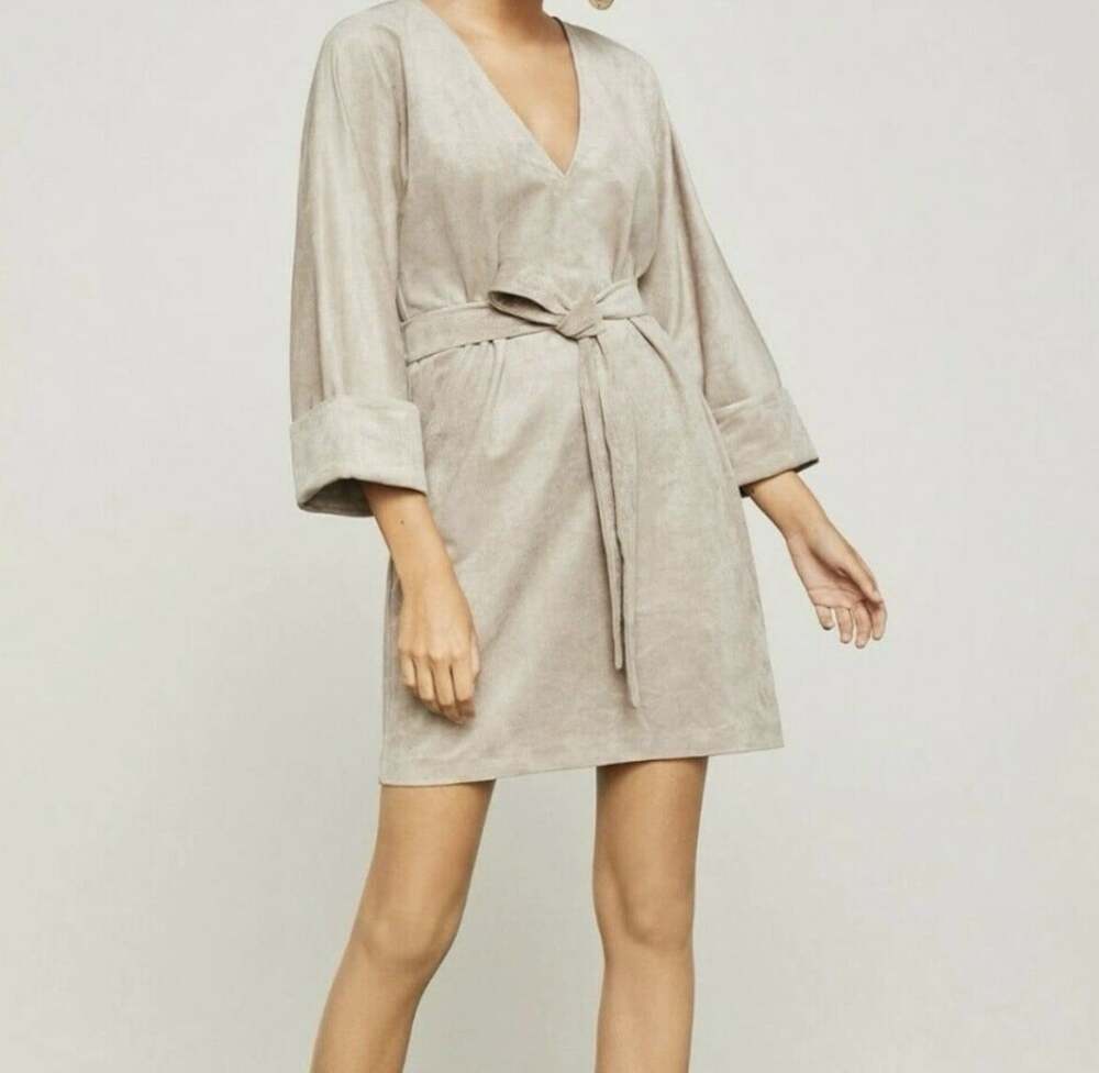 BCBGMAXAZRIA Women's Faux-Suede Mini Dress 3/4 SLEEVE V-NECK BELTED Sz XXS - Picture 2 of 8